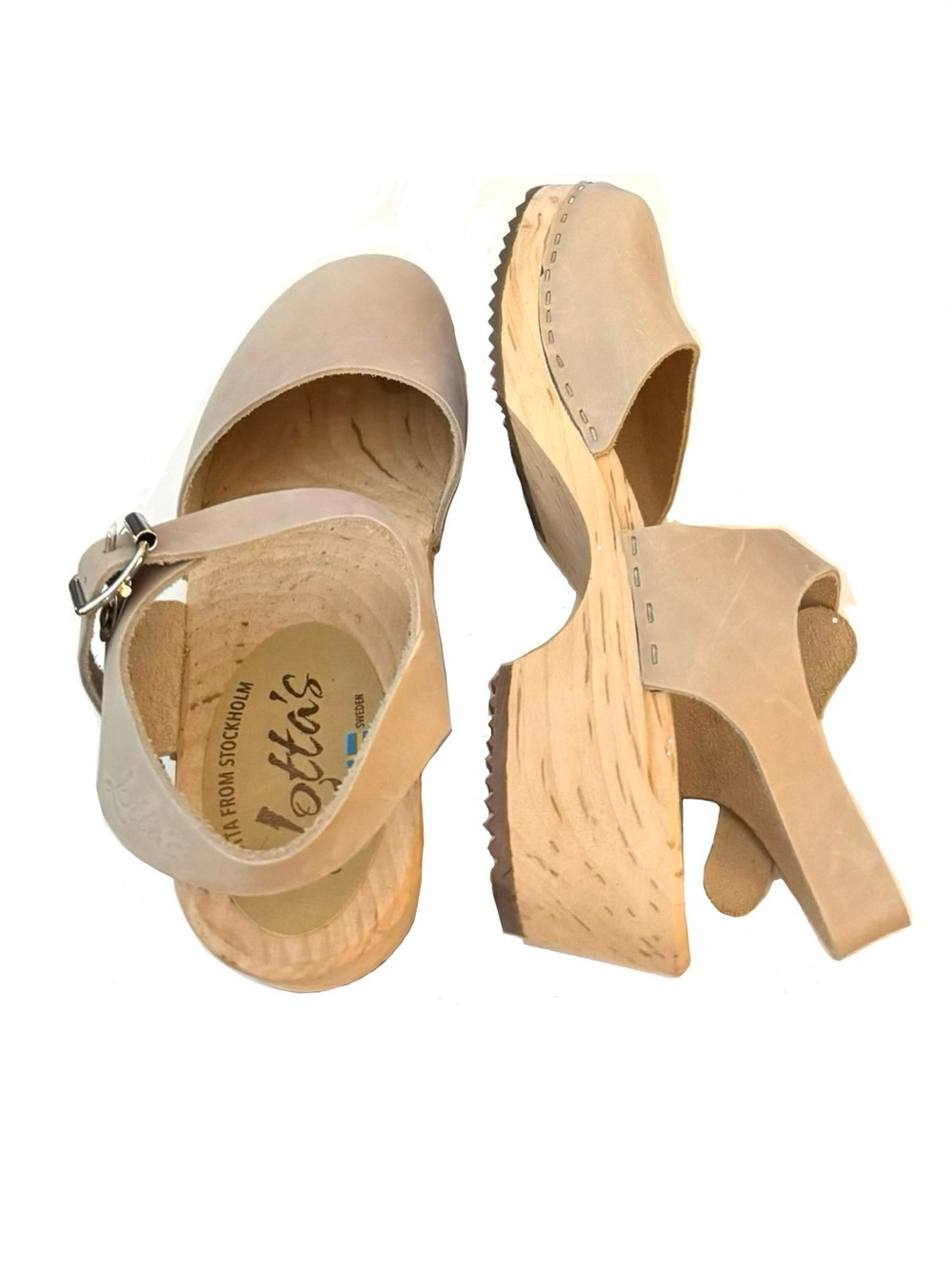 Lotta's Swedish Handmade Leather and Wood Mary Jane Style Clogs; Tan